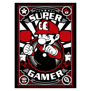 Imagem estilizada de um personagem icônico de videogame em estilo gráfico em preto, vermelho e branco, com o texto "SUPER GAMER". O personagem, vestido com macacão e boné, exibe uma pose dinâmica, simbolizando ação e energia no universo dos jogos. Elementos de design incluem itens de jogos clássicos e um fundo inspirado em cenários de plataformas.