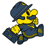 Personagem amarelo vestido com roupas de estilo urbano, usando um chapéu e correntes, segurando um gravador portátil enquanto caminha. Ideal para temas de cultura hip-hop e arte urbana.