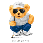 Urso de pelúcia vestido de golfista, usando óculos escuros e boné, segurando um taco de golfe. Design divertido e colorido, ideal para produtos relacionados a golfe e brinquedos infantis.