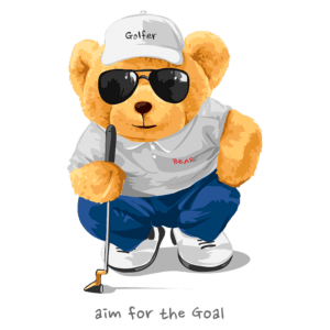 Urso de pelúcia vestido de golfista, usando óculos escuros e boné, segurando um taco de golfe. Design divertido e colorido, ideal para produtos relacionados a golfe e brinquedos infantis.