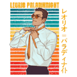 Ilustração de Leorio Paladknight, personagem do anime Hunter x Hunter, ajustando uma gravata enquanto veste uma camisa branca. O fundo apresenta listras coloridas em tons de azul, laranja e amarelo. Texto em destaque com o nome do personagem em português e japonês.