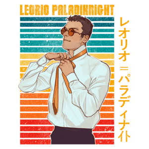 Ilustração de Leorio Paladknight, personagem do anime Hunter x Hunter, ajustando uma gravata enquanto veste uma camisa branca. O fundo apresenta listras coloridas em tons de azul, laranja e amarelo. Texto em destaque com o nome do personagem em português e japonês.