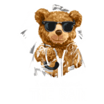 Ursinho estiloso usando óculos de sol e capa de chuva, segurando um guarda-chuva. Design divertido com a frase "I make it through THE RAIN". Ideal para camisetas e produtos infantis.