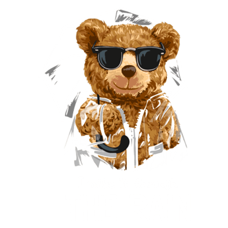 Ursinho estiloso usando óculos de sol e capa de chuva, segurando um guarda-chuva. Design divertido com a frase "I make it through THE RAIN". Ideal para camisetas e produtos infantis.