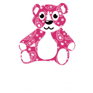 Ursinho estilizado em rosa com padrão de bandana, acompanhado da palavra "Street" em fonte impactante. Ideal para produtos infantis e moda urbana.