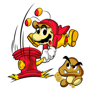 Mario, personagem icônico dos videogames, usando um martelo para atacar um Goomba em um cenário colorido e animado.