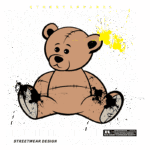 Urso de pelúcia estilizado com aparência desgastada, acompanhado de texto gráfico "Think Positive" em fundo verde, representando uma estampa de streetwear. Design moderno e ousado, ideal para camisetas.