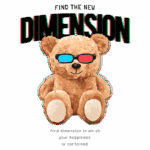 Urso de pelúcia usando óculos 3D, com a mensagem "Encontre a nova dimensão" e "encontre a dimensão em que sua felicidade está contida". Ideal para artigos sobre bem-estar e felicidade.