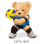 Ursinho de pelúcia jogando vôlei, vestido com uniforme esportivo azul e acessórios, segurando uma bola de vôlei colorida com a frase "Let's Go!" em destaque. Ideal para promover atividades esportivas e a diversão do esporte.