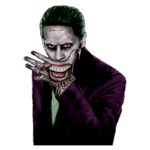 Imagem do personagem Coringa, interpretado por Jared Leto, com cabelo verde e traje roxo, cobrindo o rosto com a mão que exibe um sorriso aterrorizante e a palavra "Damaged" tatuada na testa.