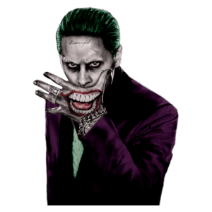 Imagem do personagem Coringa, interpretado por Jared Leto, com cabelo verde e traje roxo, cobrindo o rosto com a mão que exibe um sorriso aterrorizante e a palavra "Damaged" tatuada na testa.