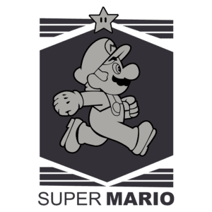 Imagem do personagem Mario correndo, com um fundo hexagonal e uma estrela acima dele, acompanhada do texto "SUPER MARIO". Ideal para representar jogos clássicos e cultura gamer.