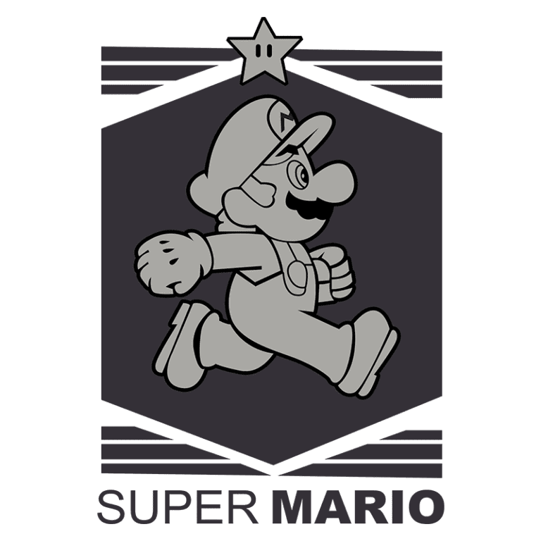 Imagem do personagem Mario correndo, com um fundo hexagonal e uma estrela acima dele, acompanhada do texto "SUPER MARIO". Ideal para representar jogos clássicos e cultura gamer.