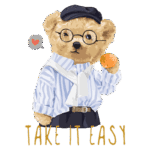Urso estilizado usando óculos e chapéu, vestindo uma camisa listrada e segurando uma laranja, com um balão de fala com um coração. Texto "Take it Easy" em destaque.