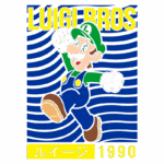 Imagem do personagem Luigi, dos videogames, vestido com macacão azul e camisa verde, pulando alegremente. O fundo é azul com linhas onduladas, e o texto "LUIGI BROS" e "1990" em amarelo. Ideal para fãs de jogos clássicos.