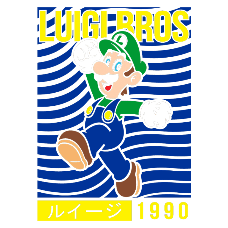Imagem do personagem Luigi, dos videogames, vestido com macacão azul e camisa verde, pulando alegremente. O fundo é azul com linhas onduladas, e o texto "LUIGI BROS" e "1990" em amarelo. Ideal para fãs de jogos clássicos.