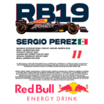 Imagem do carro RB19 da Red Bull Racing, pilotado por Sergio Pérez, destacando suas conquistas em várias corridas de Fórmula 1, incluindo o Grande Prêmio do Bahrein, Azerbaijão e Mônaco. O design apresenta o logotipo da Red Bull Energy Drink e informações sobre o desempenho do piloto mexicano na temporada.