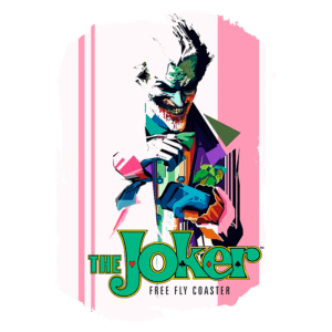 Imagem do personagem Coringa em um design colorido e estilizado, promovendo a montanha-russa "The Joker Free Fly Coaster".