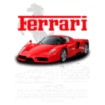 Imagem de um Ferrari Enzo vermelho, destacando seu design aerodinâmico e elegante, com medidas dimensionais ao lado. O texto na parte inferior descreve a história do modelo e sua relação com a tecnologia de Fórmula 1.