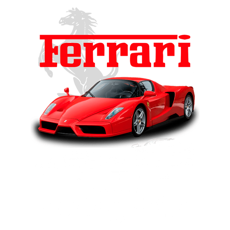 Imagem de um Ferrari Enzo vermelho, destacando seu design aerodinâmico e elegante, com medidas dimensionais ao lado. O texto na parte inferior descreve a história do modelo e sua relação com a tecnologia de Fórmula 1.