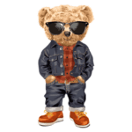 Urso estilizado usando óculos escuros, jaqueta jeans e calças, com camisa xadrez por baixo e tênis laranja, representando um visual moderno e descontraído.