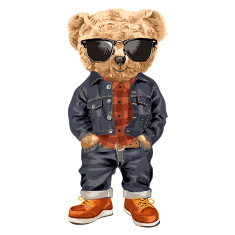 Urso estilizado usando óculos escuros, jaqueta jeans e calças, com camisa xadrez por baixo e tênis laranja, representando um visual moderno e descontraído.