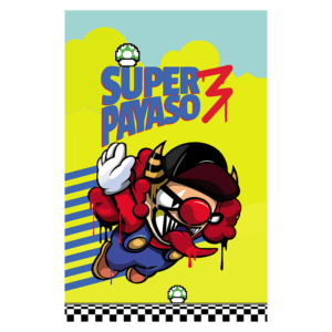 Capa do jogo "Super Payaso 3", apresentando um personagem de palhaço com cabelo vermelho e um visual divertido, voando em um fundo amarelo com elementos gráficos inspirados em jogos clássicos.