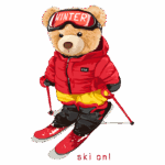 Ursinho de pelúcia vestido para esquiar, usando uma jaqueta vermelha, calças amarelas e equipamentos de esqui, com óculos de proteção que dizem "WINTER".