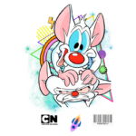 Desenho animado de dois personagens icônicos da série "Pinky and the Brain", com Pinky sorridente, apoiado nas orelhas do Brain, que exibe uma expressão de frustração. O fundo colorido apresenta elementos gráficos vibrantes. Logotipo do Cartoon Network no canto inferior.
