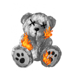 Urso de pelúcia cinza com chamas, expressando atitude de determinação. Design moderno com as palavras "on fire" e "I don’t give up ever". Ideal para moda urbana.