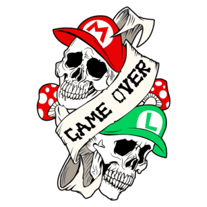 Ilustração de duas caveiras usando bonés dos personagens Mario e Luigi com um banner escrito "GAME OVER" e cogumelos ao fundo. Ideal para temas de games e cultura pop.