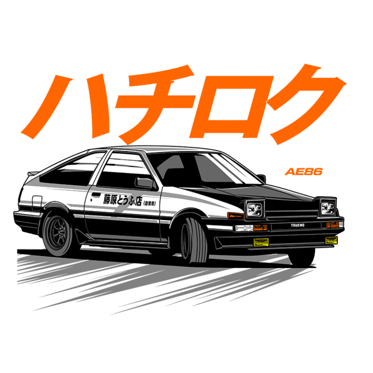Ilustração de um carro Toyota AE86, conhecido como Trueno, com detalhes em preto e branco, exibindo gráficos estilizados em japonês. O design destaca a popularidade do carro no automobilismo japonês e na cultura de drift.