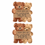 Ilustração de dois ursos de pelúcia segurando cartazes com a mensagem "nunca desista da esperança", simbolizando motivação e positividade. Ideal para temas de amizade, apoio emocional e inspiração.