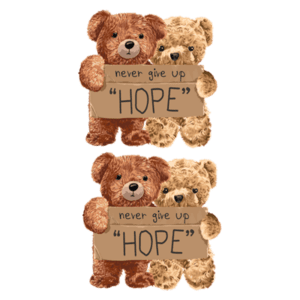 Ilustração de dois ursos de pelúcia segurando cartazes com a mensagem "nunca desista da esperança", simbolizando motivação e positividade. Ideal para temas de amizade, apoio emocional e inspiração.