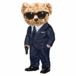 Descrição de um urso estilizado usando óculos escuros e um terno escuro, segurando uma arma, em pé em uma pose confiante. Ideal para representar temas de segurança ou proteção em design gráfico.