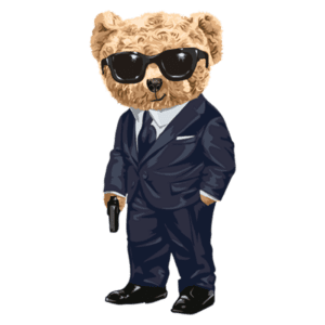 Descrição de um urso estilizado usando óculos escuros e um terno escuro, segurando uma arma, em pé em uma pose confiante. Ideal para representar temas de segurança ou proteção em design gráfico.