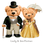 Imagem de dois ursinhos vestidos elegantemente, com o urso masculino usando um fraque e cartola, e a ursinha usando um vestido amarelo e segurando um guarda-chuva. Ideal para temas de elegância e estilo.