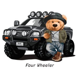Urso de pelúcia estilizado ao lado de um veículo off-road 4x4, com faróis brilhantes e pneus grandes, representando aventura e diversão ao ar livre.