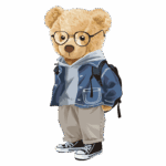 Urso estilizado usando óculos, jaqueta jeans, moletom cinza e calças claras, com mochila nas costas e tênis pretos, em fundo transparente.