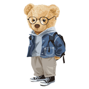 Urso estilizado usando óculos, jaqueta jeans, moletom cinza e calças claras, com mochila nas costas e tênis pretos, em fundo transparente.