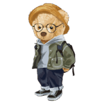 Urso estiloso com óculos, chapéu e roupas casuais, incluindo jaqueta verde, moletom e calças jeans, posando de forma descontraída. Ideal para ilustrações infantis ou produtos de moda.