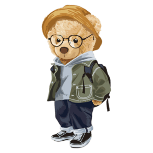 Urso estiloso com óculos, chapéu e roupas casuais, incluindo jaqueta verde, moletom e calças jeans, posando de forma descontraída. Ideal para ilustrações infantis ou produtos de moda.