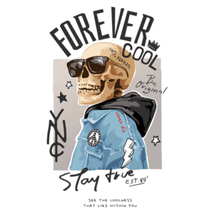 Imagem de um elegante esqueleto usando óculos escuros e uma jaqueta jeans, acompanhado por frases como "Forever Cool", "Stay True" e "Never Die". Elementos artísticos incluem estrelas e símbolos de paz, refletindo um estilo moderno e ousado.