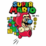 Ilustração do personagem Mario, vestido com uma fantasia rosa, correndo e sorrindo. Ao fundo, blocos coloridos do jogo Super Mario e símbolos de moedas. Texto "SUPER MARIO" e "100 PTS" estão destacados.