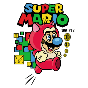 Ilustração do personagem Mario, vestido com uma fantasia rosa, correndo e sorrindo. Ao fundo, blocos coloridos do jogo Super Mario e símbolos de moedas. Texto "SUPER MARIO" e "100 PTS" estão destacados.