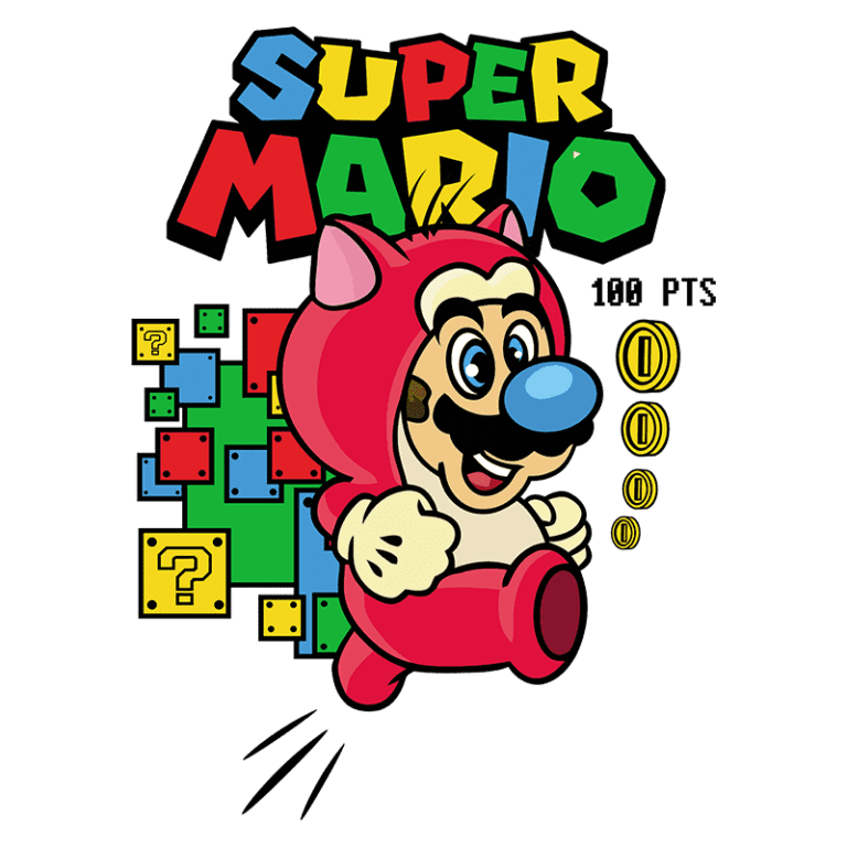 Ilustração do personagem Mario, vestido com uma fantasia rosa, correndo e sorrindo. Ao fundo, blocos coloridos do jogo Super Mario e símbolos de moedas. Texto "SUPER MARIO" e "100 PTS" estão destacados.