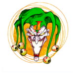 Imagem estilizada de um palhaço sombrio com uma expressão maníaca, usando um chapéu verde de bobo da corte e adornado com sinos. O fundo amarelo destaca o rosto sorridente e sádico, com detalhes sangrentos que realçam o tema macabro. Ideal para fãs de quadrinhos e cultura pop.