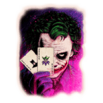 Imagem digital do Coringa, personagem icônico da DC Comics, segurando cartas de baralho com os símbolos "Joker" e um palhaço. A arte apresenta cores vibrantes, com cabelo verde e maquiagem facial característica, em um fundo rosa e roxo que destaca sua expressão maliciosa.