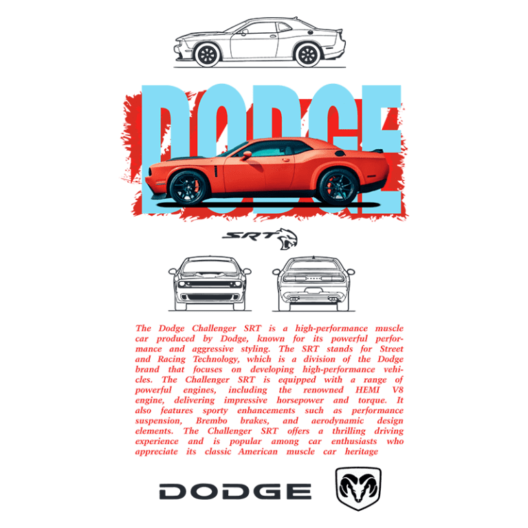 Imagem do Dodge Challenger SRT, um carro esportivo de alta performance, destacado por seu design agressivo e motor potente. A imagem apresenta o carro na cor laranja, com ilustrações em diferentes ângulos e o logo da Dodge. Ideal para entusiastas de carros e amantes de muscle cars americanos.