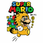 Imagem colorida do Super Mario em traje de gato, correndo e sorrindo, com blocos e moedas dos jogos ao fundo. Texto "Super Mario" e "100 PTS" destacados. Ideal para entusiastas de jogos e colecionadores de produtos da franquia.